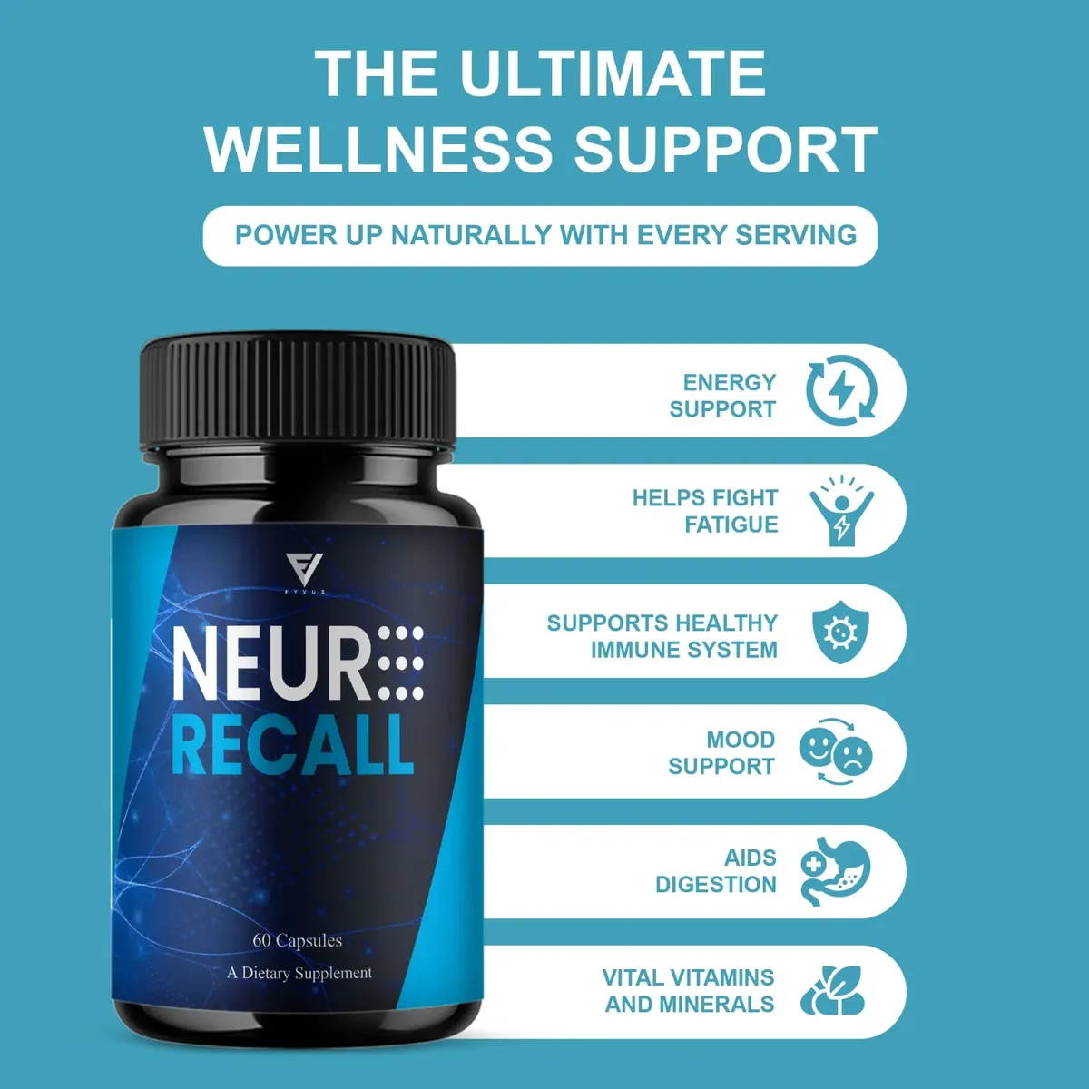 Brand marketing graphic listing wellness phrases next to the bottle