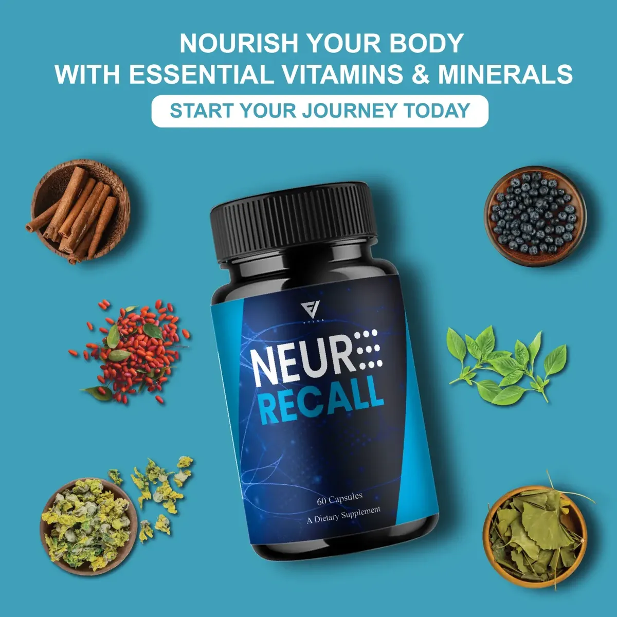 Neuro Recall bottle surrounded by cinnamon, blueberries, berries, green tea, ginkgo and dried herbs