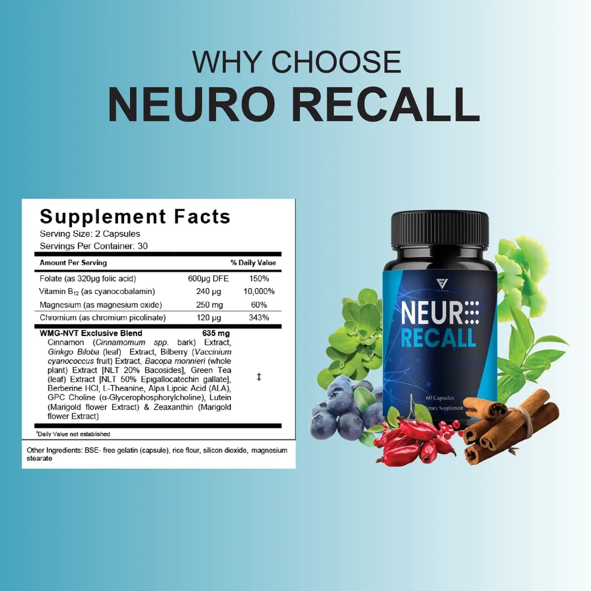 Neuro Recall Supplement Facts panel: 2 capsules, 30 servings, folate, B12, magnesium, chromium and a 635 mg WMG-NVT blend